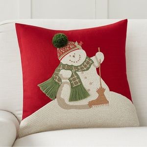 New Pottery Barn Christmas Melting Snowman Crewel Embroidered Pillow Cover, 18”